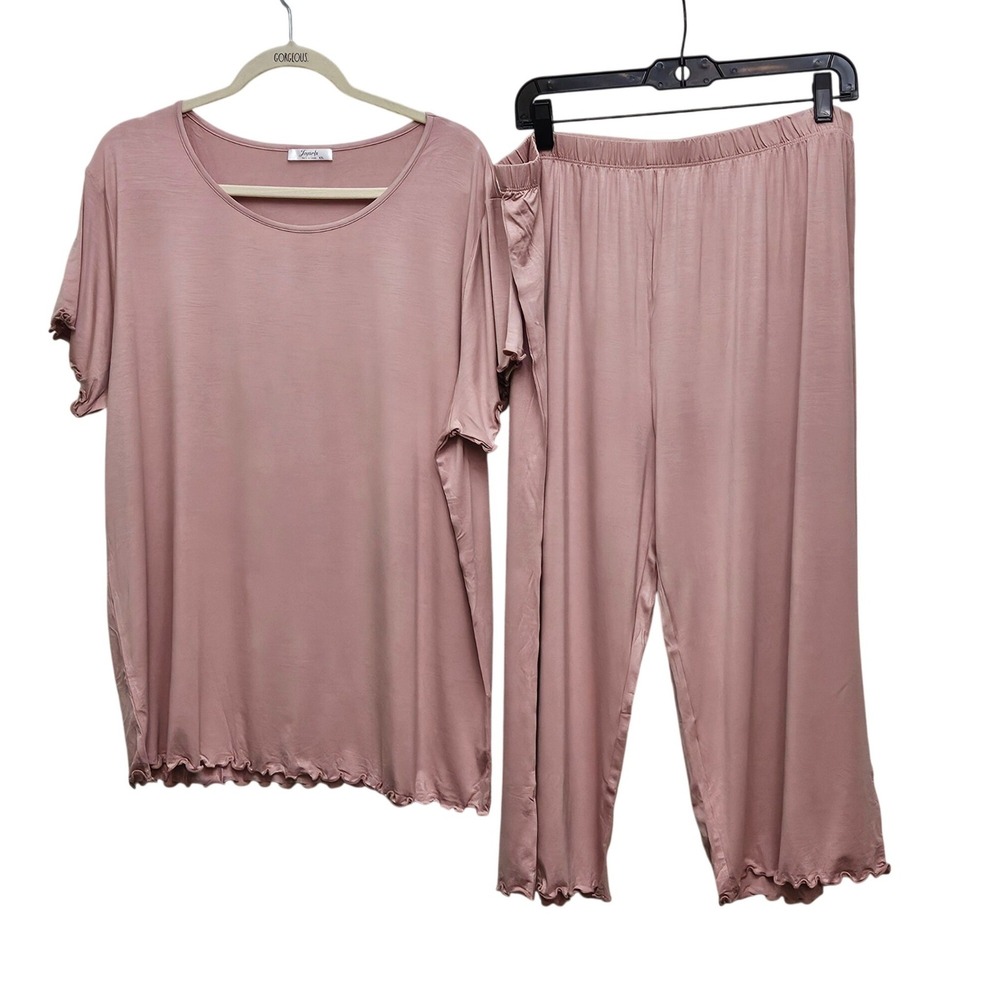Joyaria Pajama Set Women XXL Pink Bamboo Cooling Capri Lettuce Edge Sleepwear